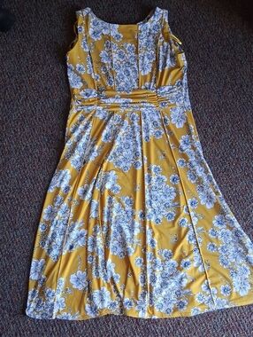 Yellow Floral Midi Dress with Pleated Waist